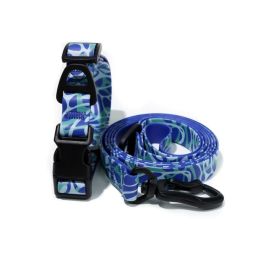 Trendy Printed PVC Dog Leash & Collar Set | Waterproof Heavy Duty Pet Lead (Pattern: Blue Wave Print, size: m)