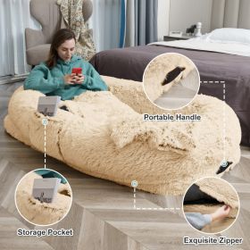 Human Dog Bed - 63 In X 31.4 In X 9.5 In Washable Faux Fur Lounger For Adults & Pets, Cushion With Orthopedic Support, Includes Pillow & Blanket (Option: Beige)